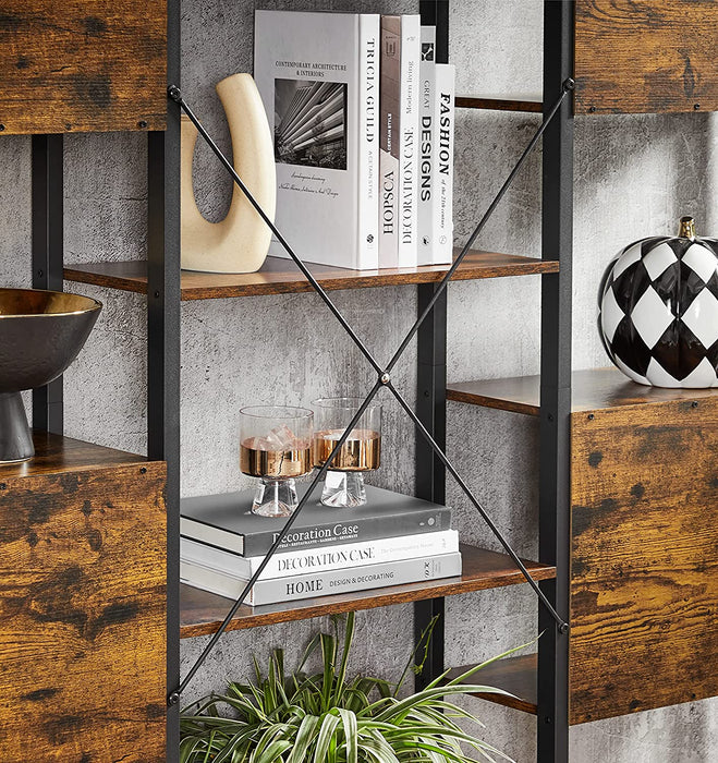 Bücherregal, Leiterregal, 14 Ablagen, Metallgestell, für Wohnzimmer, Arbeitszimmer, Büro, Industrie-Design, 158 x 24 x 166 cm, vintagebraun-schwarz
