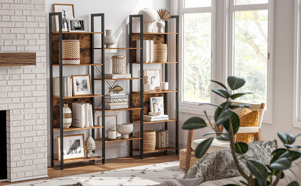 Bücherregal, Leiterregal, 14 Ablagen, Metallgestell, für Wohnzimmer, Arbeitszimmer, Büro, Industrie-Design, 158 x 24 x 166 cm, vintagebraun-schwarz