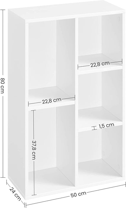 Bücherregal, Regal, Standregal, mit 5 Fächern, für Wohnzimmer, Arbeitszimmer, Kinderzimmer, Büro, als Raumteiler, 24 x 50 x 80 cm, weiß