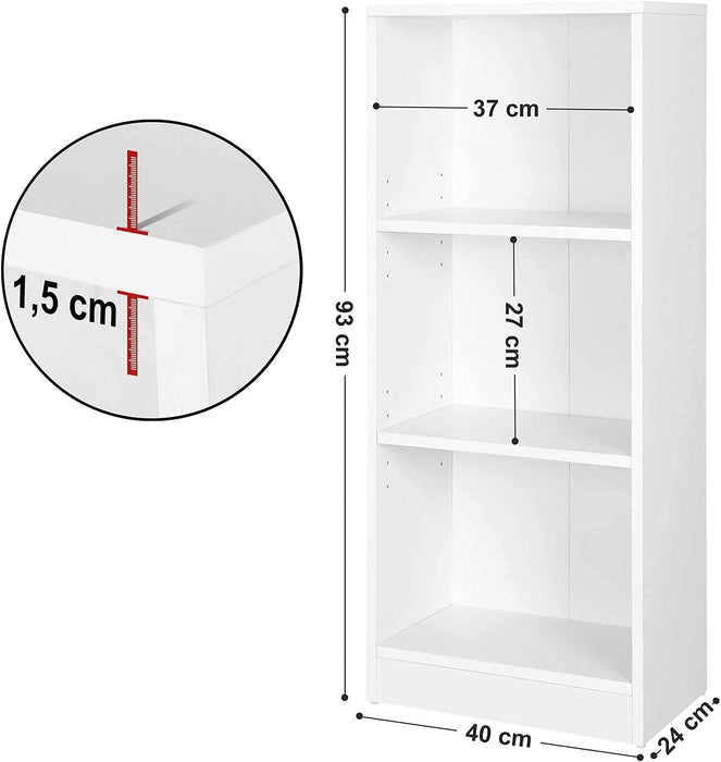 Bücherregal, Regal mit 3 Fächern, Standregal, mit höhenverstellbaren Ablagen, für Wohnzimmer, Kinderzimmer, Büro, 24 x 40 x 93 cm, weiß