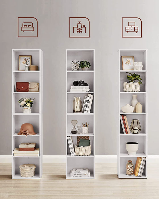 Bücherregal, mit 6 Ebenen, Standregal, Aufbewahrungsregal, für Wohnzimmer, Büro, Schlafzimmer, Arbeitszimmer, skandinavischer Stil, weiß