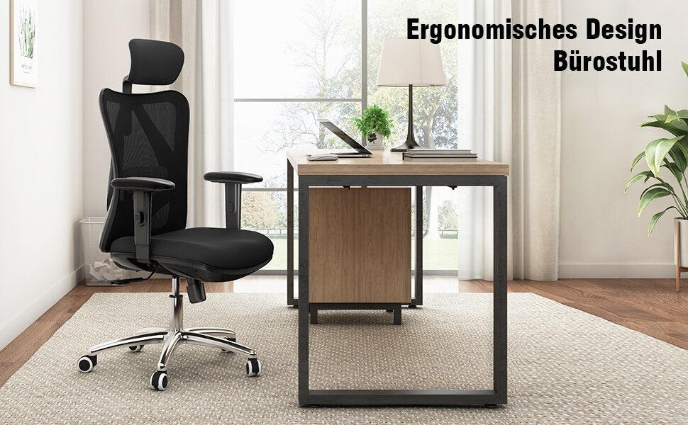 Bürostuhl Ergonomischer Schreibtischstuhl, Drehstuhl hat Verstellbarer Lordosenstütze, Kopfstütze und Armlehne, Höhenverstellung und Wippfunktion