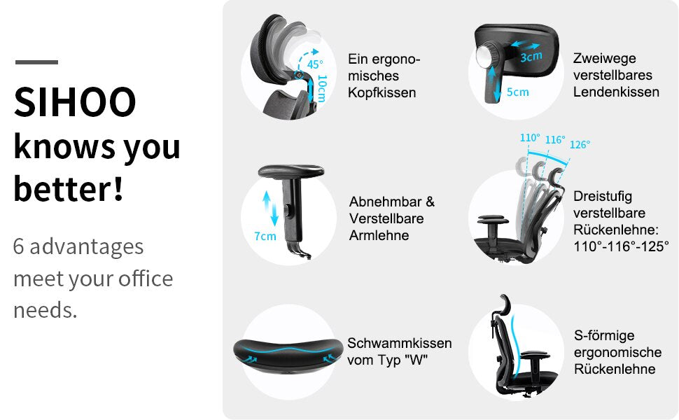 Bürostuhl Ergonomischer Schreibtischstuhl, Drehstuhl hat Verstellbarer Lordosenstütze, Kopfstütze und Armlehne, Höhenverstellung und Wippfunktion