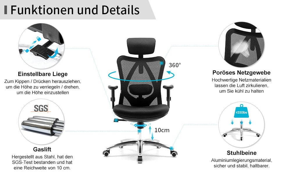 Bürostuhl Ergonomischer Schreibtischstuhl, Drehstuhl hat Verstellbarer Lordosenstütze, Kopfstütze und Armlehne, Höhenverstellung und Wippfunktion