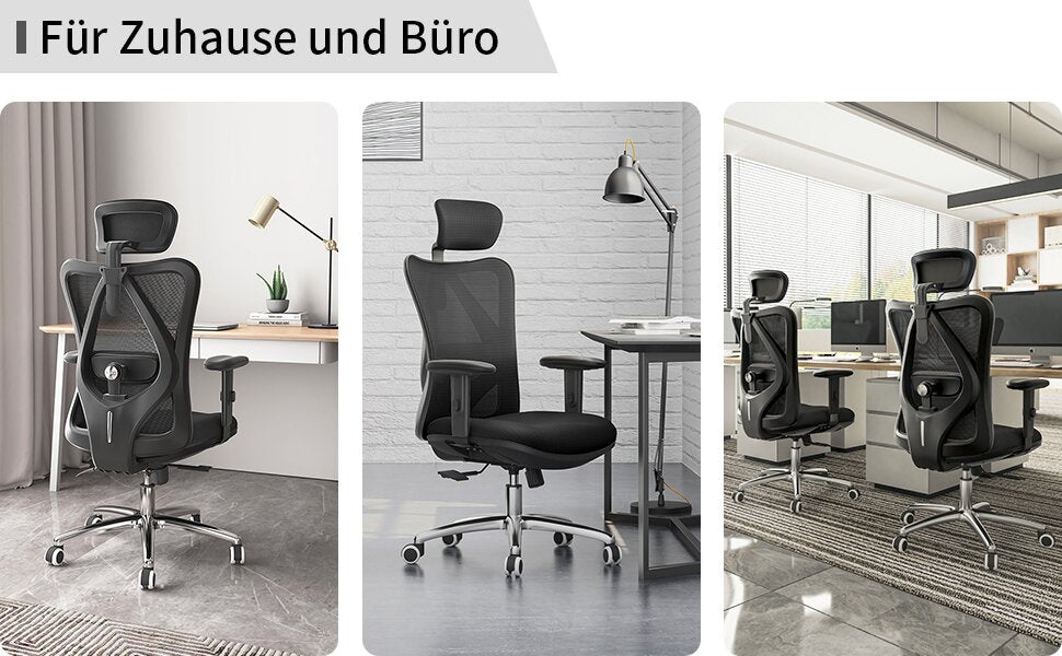 Bürostuhl Ergonomischer Schreibtischstuhl, Drehstuhl hat Verstellbarer Lordosenstütze, Kopfstütze und Armlehne, Höhenverstellung und Wippfunktion