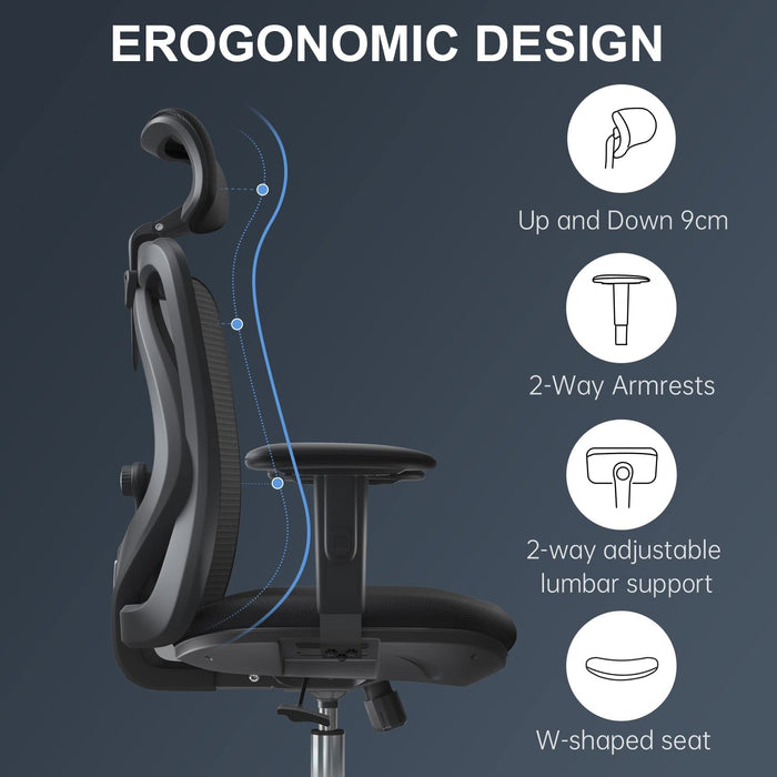 Bürostuhl Ergonomischer Schreibtischstuhl, Drehstuhl hat Verstellbarer Lordosenstütze, Kopfstütze und Armlehne, Höhenverstellung und Wippfunktion
