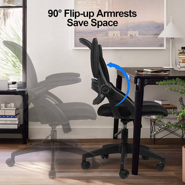  Bürostuhl mit hochklappbaren Armlehnen, Ergonomischer Schreibtischstuhl, Drehstuhl Chefsessel Netz Stuhl Schwarz