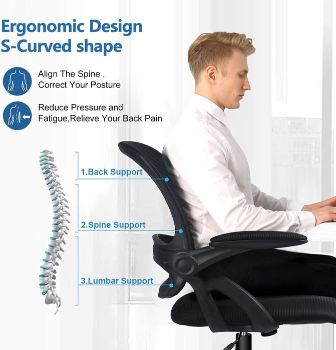  Bürostuhl mit hochklappbaren Armlehnen, Ergonomischer Schreibtischstuhl, Drehstuhl Chefsessel Netz Stuhl Schwarz