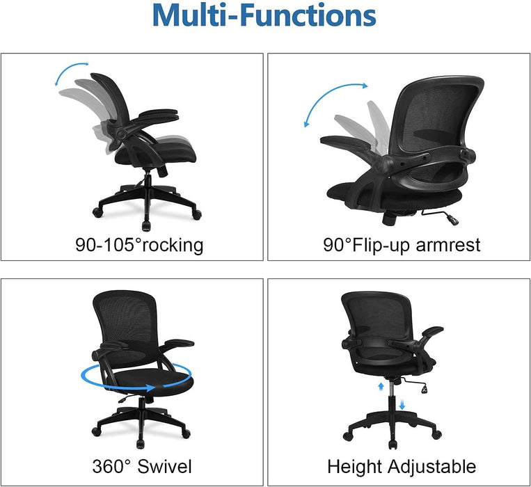  Bürostuhl mit hochklappbaren Armlehnen, Ergonomischer Schreibtischstuhl, Drehstuhl Chefsessel Netz Stuhl Schwarz