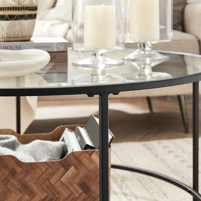 Couchtisch, Beistelltisch rund, Glastisch mit Metallgestell, Hartglas, Nachttisch, Sofatisch, für Balkon, schwarz