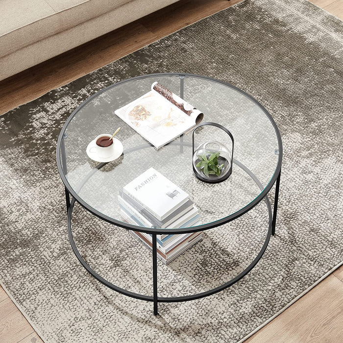 Couchtisch, Beistelltisch rund, Glastisch mit Metallgestell, Hartglas, Nachttisch, Sofatisch, für Balkon, schwarz