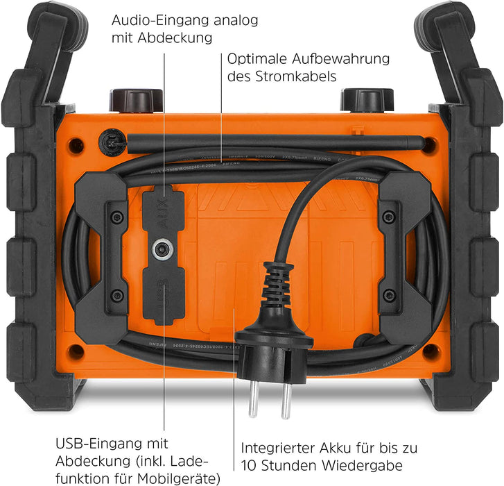 DAB+ Baustellenradio (DAB+, DAB, UKW, USB, AUX in, Bluetooth, leistungsstarker Akku, Favoritenspeicher, 2 x 6 Watt Stereo-Lautsprecher) orange