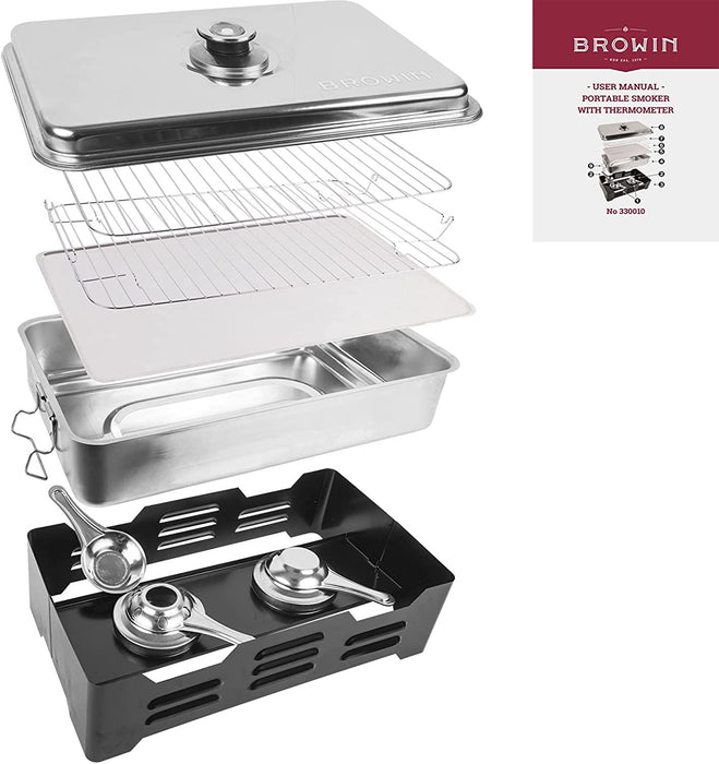 Deluxe Edelstahl Tischräucherofen - rostfrei, mobil - mit Küchenthermometer und Räucherspänen