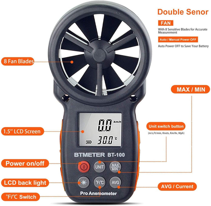 Digitaler Anemometer Handheld Windmesser Wind Speed Meter Gauge,Präzise Messung der Windgeschwindigkeit (CFM) mit MAX/MIN/AVG