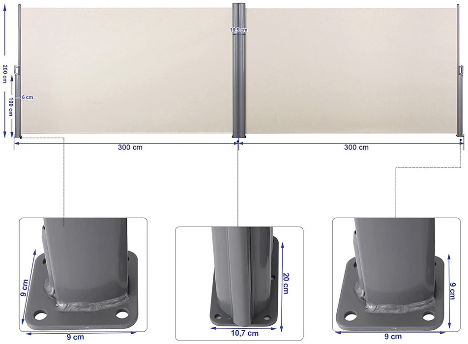 Doppelseitenmarkise, ausziehbar, 2 x 6 m (H x L), ausziehbare Seitenmarkise, Sichtschutz, Sonnenschutz, Seitenrollo, für Balkon, Terrasse und Garten