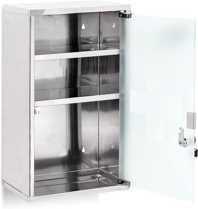EMERGENCY Medizinschrank XL extra tief aus Edelstahl HxBxT ca. 50,5 x 30 x 18 cm mit 3 Fächern und Glas-Tür zum Abschließen mit 2 Schlüsseln für kindersichere Medikamenten-Lagerung, silber
