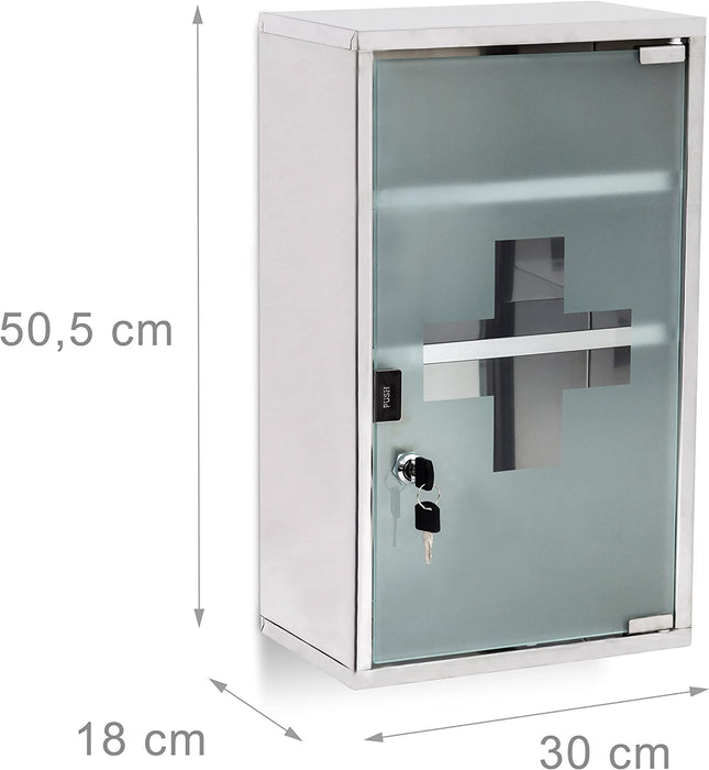 EMERGENCY Medizinschrank XL extra tief aus Edelstahl HxBxT ca. 50,5 x 30 x 18 cm mit 3 Fächern und Glas-Tür zum Abschließen mit 2 Schlüsseln für kindersichere Medikamenten-Lagerung, silber