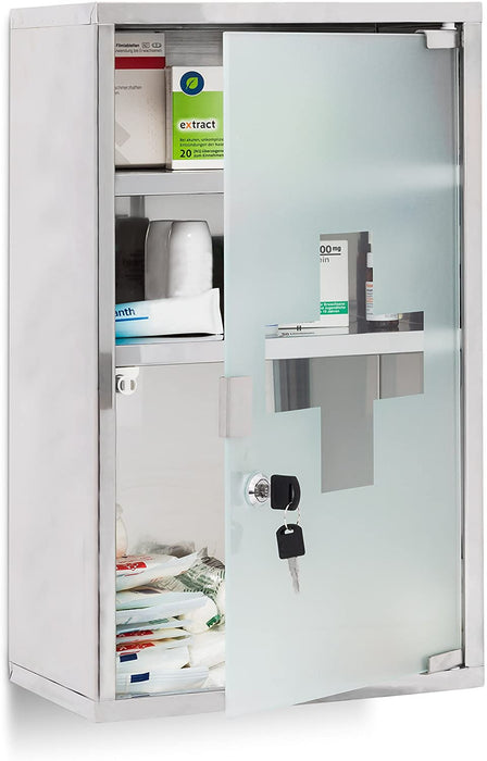 EMERGENCY Medizinschrank XL extra tief aus Edelstahl HxBxT ca. 50,5 x 30 x 18 cm mit 3 Fächern und Glas-Tür zum Abschließen mit 2 Schlüsseln für kindersichere Medikamenten-Lagerung, silber
