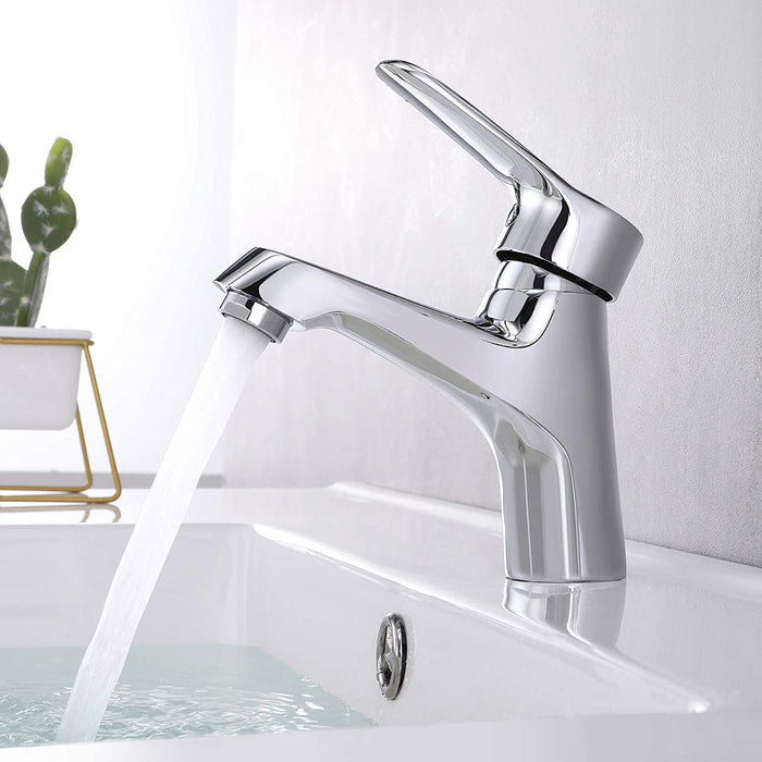 Einhebel Wasserhahn Bad Mischbatterie mit 50cm Kaltes Warmes Wasser 3/8 Zoll Schläuche, Verchromt Badezimmer Armatur Waschtischarmatur für Waschbecken