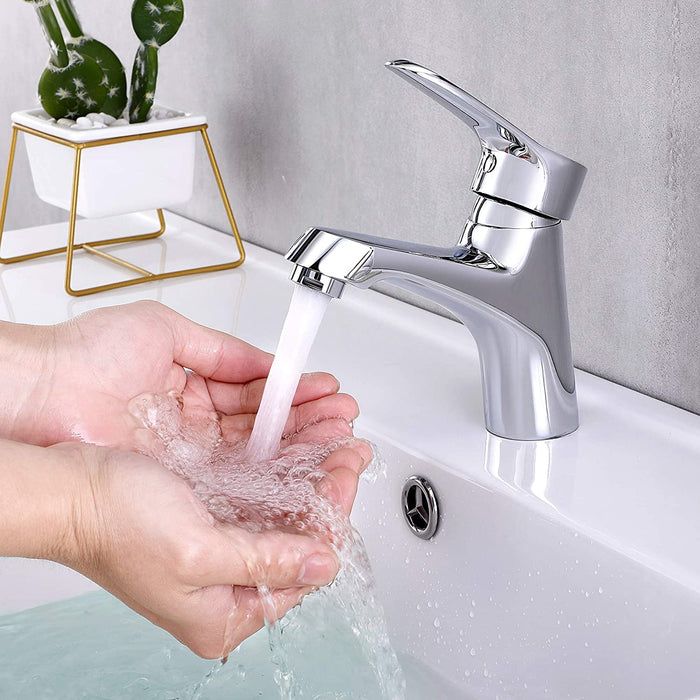 Einhebel Wasserhahn Bad Mischbatterie mit 50cm Kaltes Warmes Wasser 3/8 Zoll Schläuche, Verchromt Badezimmer Armatur Waschtischarmatur für Waschbecken
