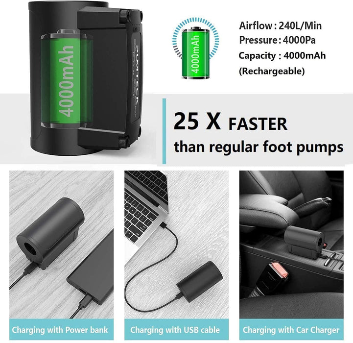 Elektrische Luftpumpe, Kabellos Inflator Deflator Electric Luftpumpe Wiederaufladbare mit 4 Düsen für Luftmatratze Luftbett Flöße Sofas Boot