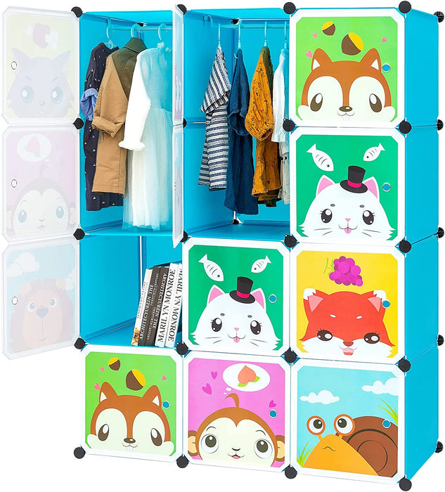 Erweiterbares Kinderregal Kinder Kleiderschrank Stufenregal Bücherregal mit Türen & 2 Aufhängern, tiefere Fächer als normal (45 cm vs. 35 cm)