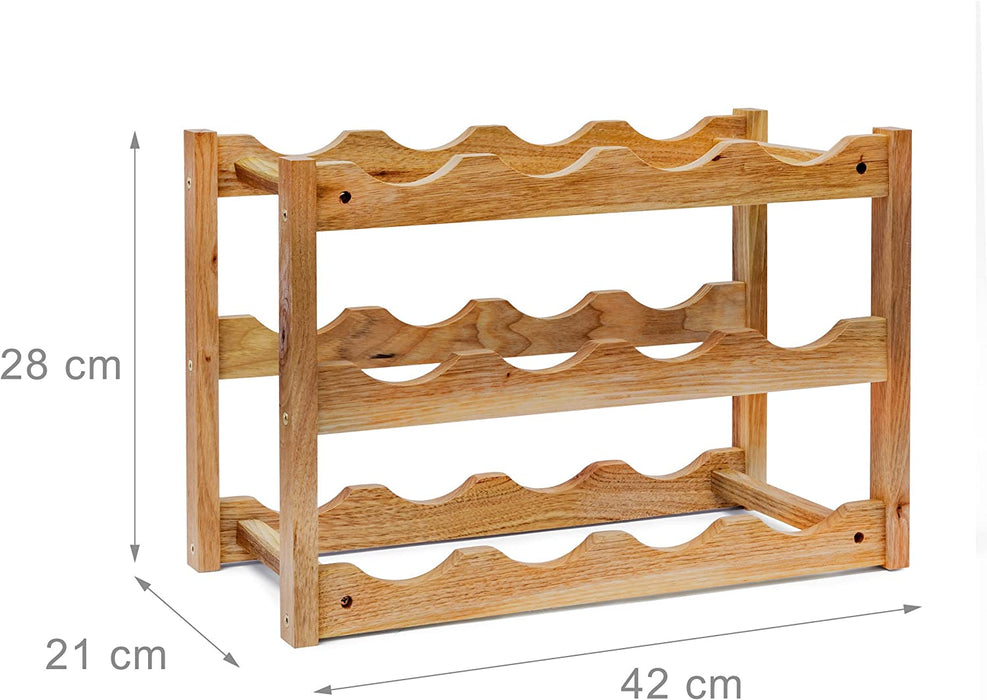 Flaschenregal 12 Flaschen Wein, H x B x T  28 x 21 x 42 cm, natürlich, Holz, Weinregal Walnuss mit 3 Ebenen