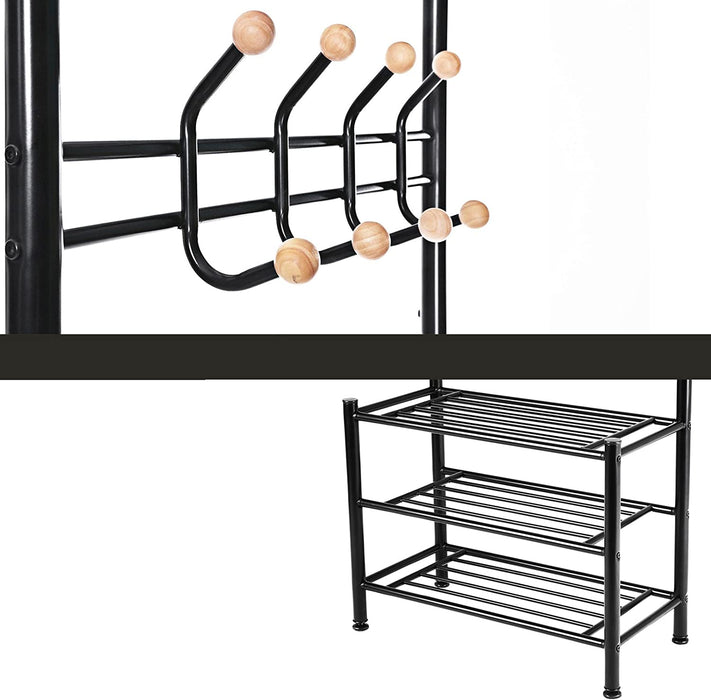 Garderobenständer Kleiderständer mit 3 schuhablagen mit 18 haken, Metall, schwarz, 68,8 x 35,2 x 187 cm