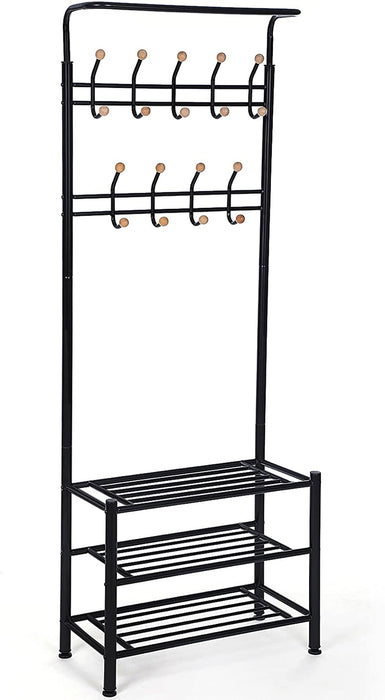Garderobenständer Kleiderständer mit 3 schuhablagen mit 18 haken, Metall, schwarz, 68,8 x 35,2 x 187 cm