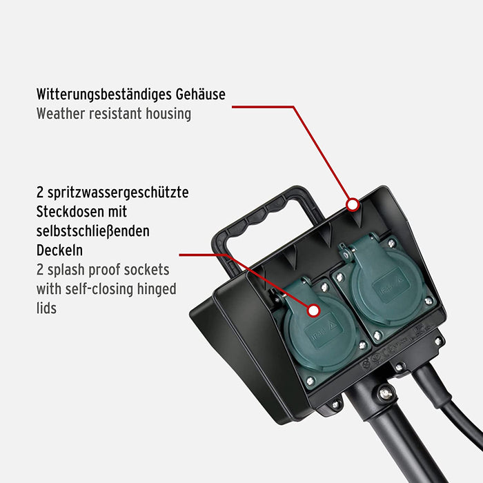 Garten-Steckdose / Außensteckdose 2-Fach mit Erdspieß (witterungsbeständiger Kunststoff, Steckdose für außen mit wasserfestem Gehäuse, 1,4m Kabel) 