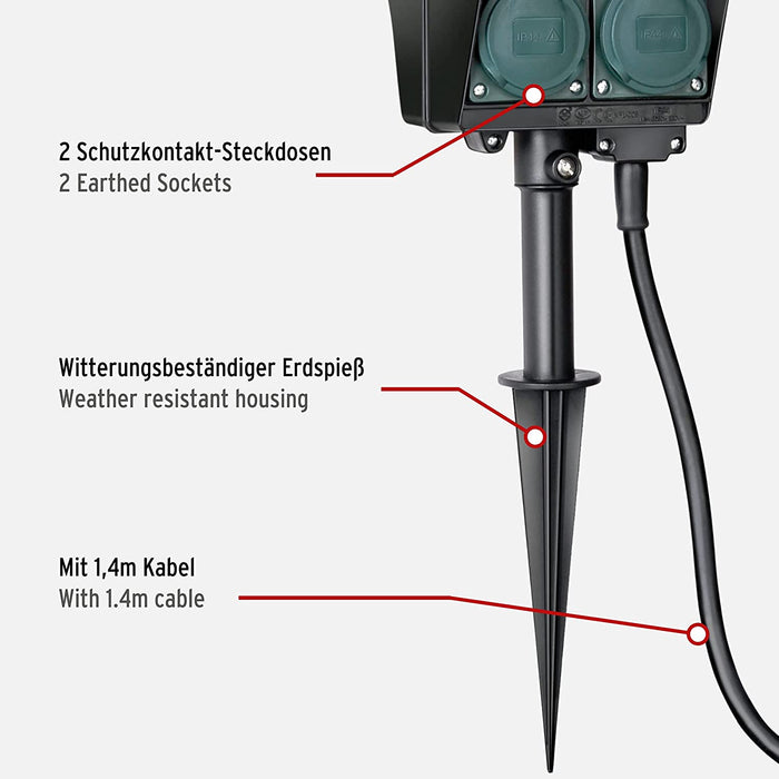Garten-Steckdose / Außensteckdose 2-Fach mit Erdspieß (witterungsbeständiger Kunststoff, Steckdose für außen mit wasserfestem Gehäuse, 1,4m Kabel) 