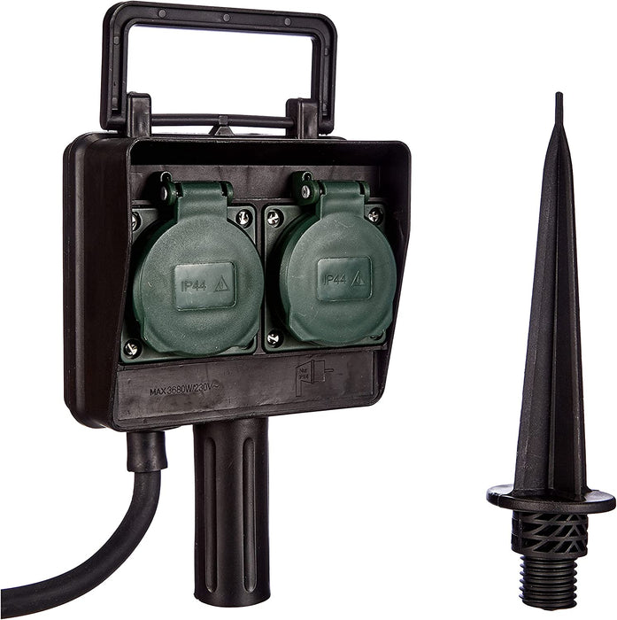 Garten-Steckdose / Außensteckdose 2-Fach mit Erdspieß (witterungsbeständiger Kunststoff, Steckdose für außen mit wasserfestem Gehäuse, 1,4m Kabel) 