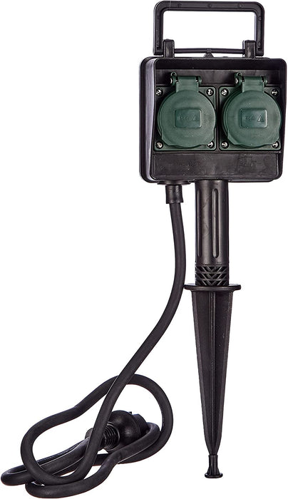Garten-Steckdose / Außensteckdose 2-Fach mit Erdspieß (witterungsbeständiger Kunststoff, Steckdose für außen mit wasserfestem Gehäuse, 1,4m Kabel) 