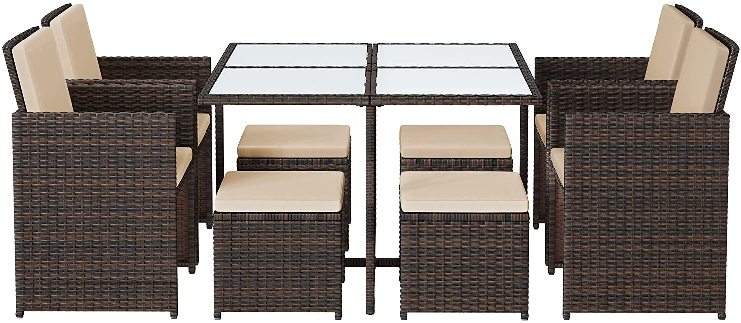 Gartenmöbel-Set Polyrattan Lounge, Esszimmermöbel, Esstisch und Stühle, 9er Set, aus PE-Rattan, Terrassenmöbel, Couchtisch mit Glasoberfläche, mit Kissen