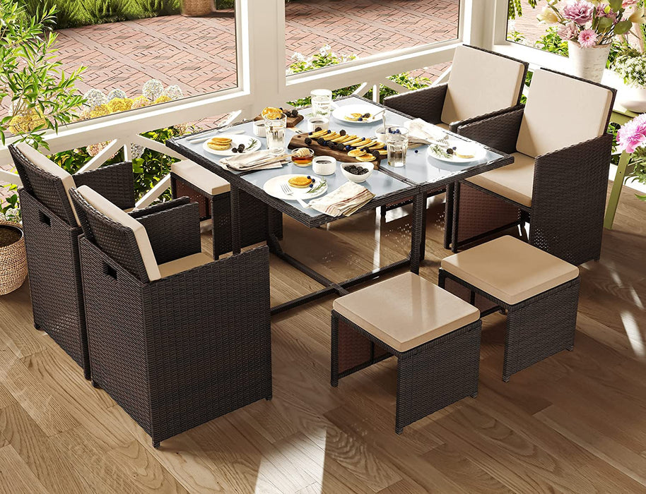 Gartenmöbel-Set Polyrattan Lounge, Esszimmermöbel, Esstisch und Stühle, 9er Set, aus PE-Rattan, Terrassenmöbel, Couchtisch mit Glasoberfläche, mit Kissen