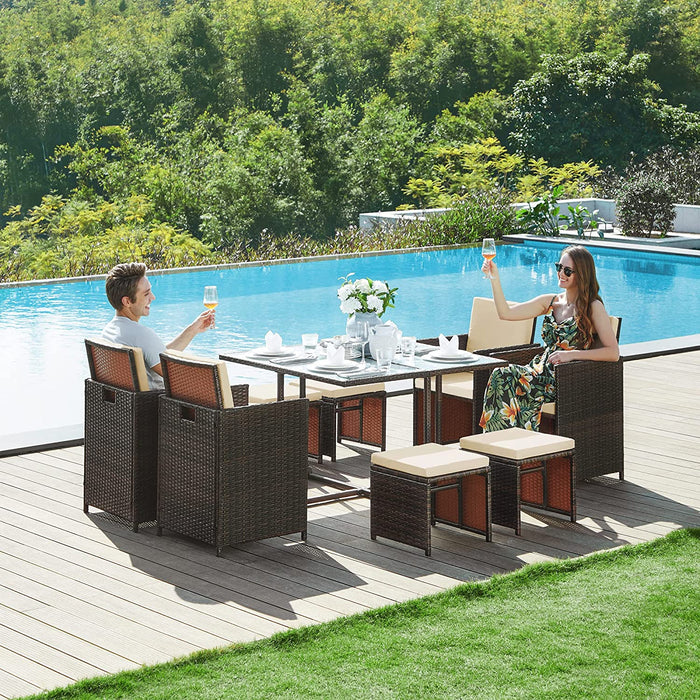 Gartenmöbel-Set Polyrattan Lounge, Esszimmermöbel, Esstisch und Stühle, 9er Set, aus PE-Rattan, Terrassenmöbel, Couchtisch mit Glasoberfläche, mit Kissen