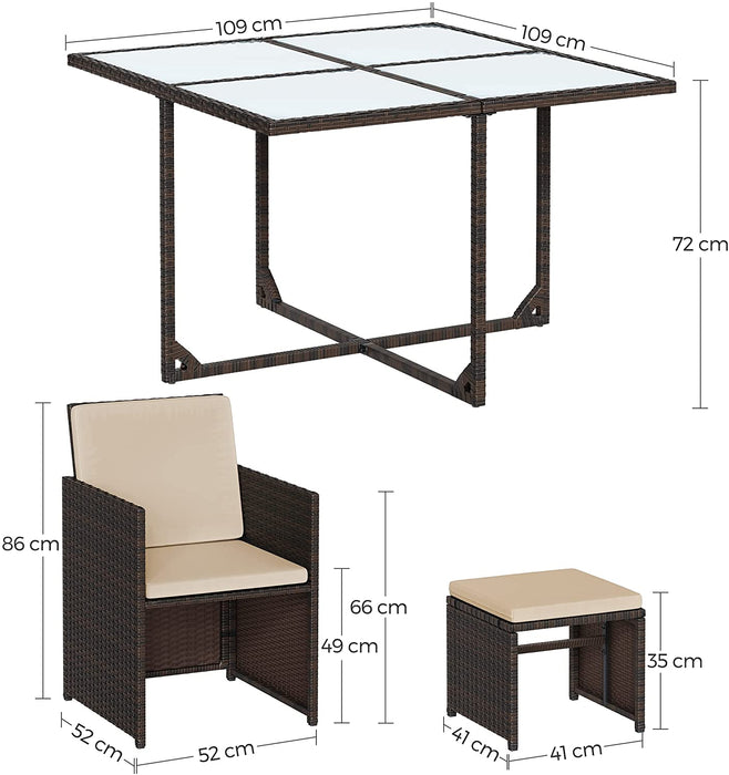 Gartenmöbel-Set Polyrattan Lounge, Esszimmermöbel, Esstisch und Stühle, 9er Set, aus PE-Rattan, Terrassenmöbel, Couchtisch mit Glasoberfläche, mit Kissen
