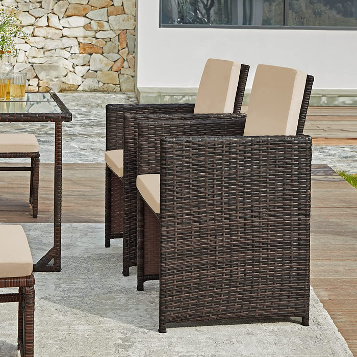 Gartenmöbel-Set Polyrattan Lounge, Esszimmermöbel, Esstisch und Stühle, 9er Set, aus PE-Rattan, Terrassenmöbel, Couchtisch mit Glasoberfläche, mit Kissen