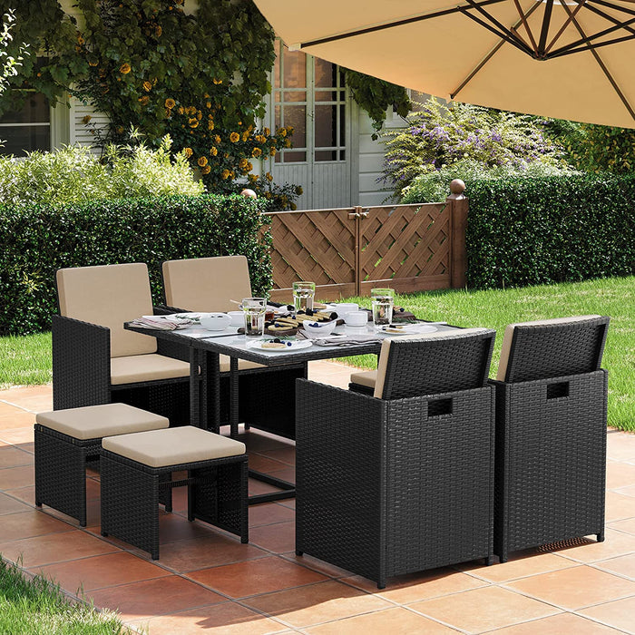 Gartenmöbel-Set Polyrattan Lounge, Esszimmermöbel, Esstisch und Stühle, 9er Set, PE-Rattan, Terrassenmöbel, Couchtisch mit Glasoberfläche, mit Kissen