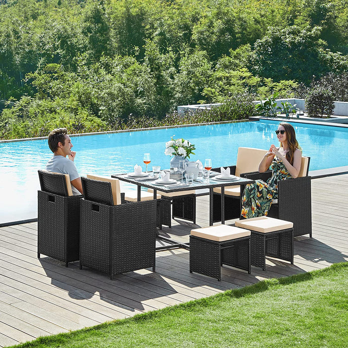 Gartenmöbel-Set Polyrattan Lounge, Esszimmermöbel, Esstisch und Stühle, 9er Set, PE-Rattan, Terrassenmöbel, Couchtisch mit Glasoberfläche, mit Kissen