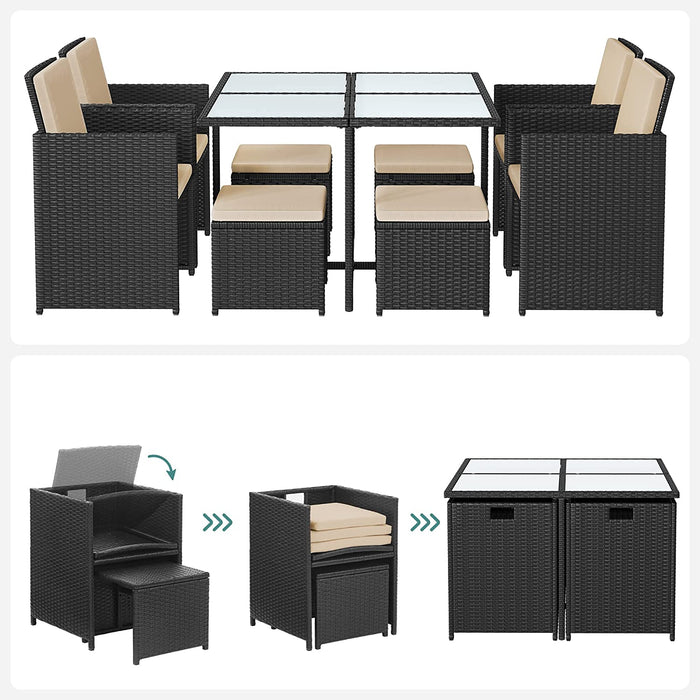 Gartenmöbel-Set Polyrattan Lounge, Esszimmermöbel, Esstisch und Stühle, 9er Set, PE-Rattan, Terrassenmöbel, Couchtisch mit Glasoberfläche, mit Kissen