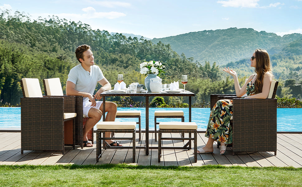 Gartenmöbel-Set Polyrattan Lounge, Esszimmermöbel, Esstisch und Stühle, 9er Set, aus PE-Rattan, Terrassenmöbel, Couchtisch mit Glasoberfläche, mit Kissen