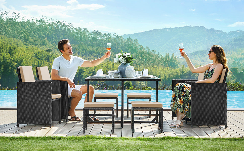 Gartenmöbel-Set Polyrattan Lounge, Esszimmermöbel, Esstisch und Stühle, 9er Set, PE-Rattan, Terrassenmöbel, Couchtisch mit Glasoberfläche, mit Kissen