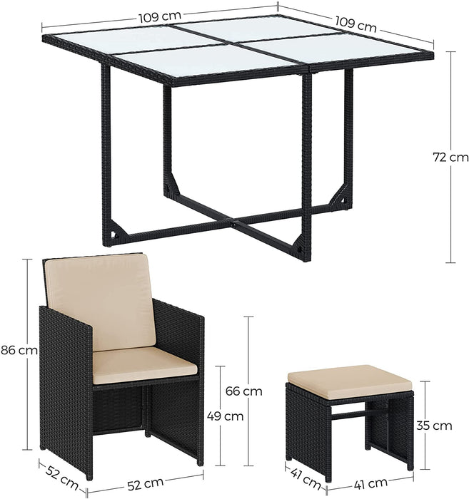 Gartenmöbel-Set Polyrattan Lounge, Esszimmermöbel, Esstisch und Stühle, 9er Set, PE-Rattan, Terrassenmöbel, Couchtisch mit Glasoberfläche, mit Kissen