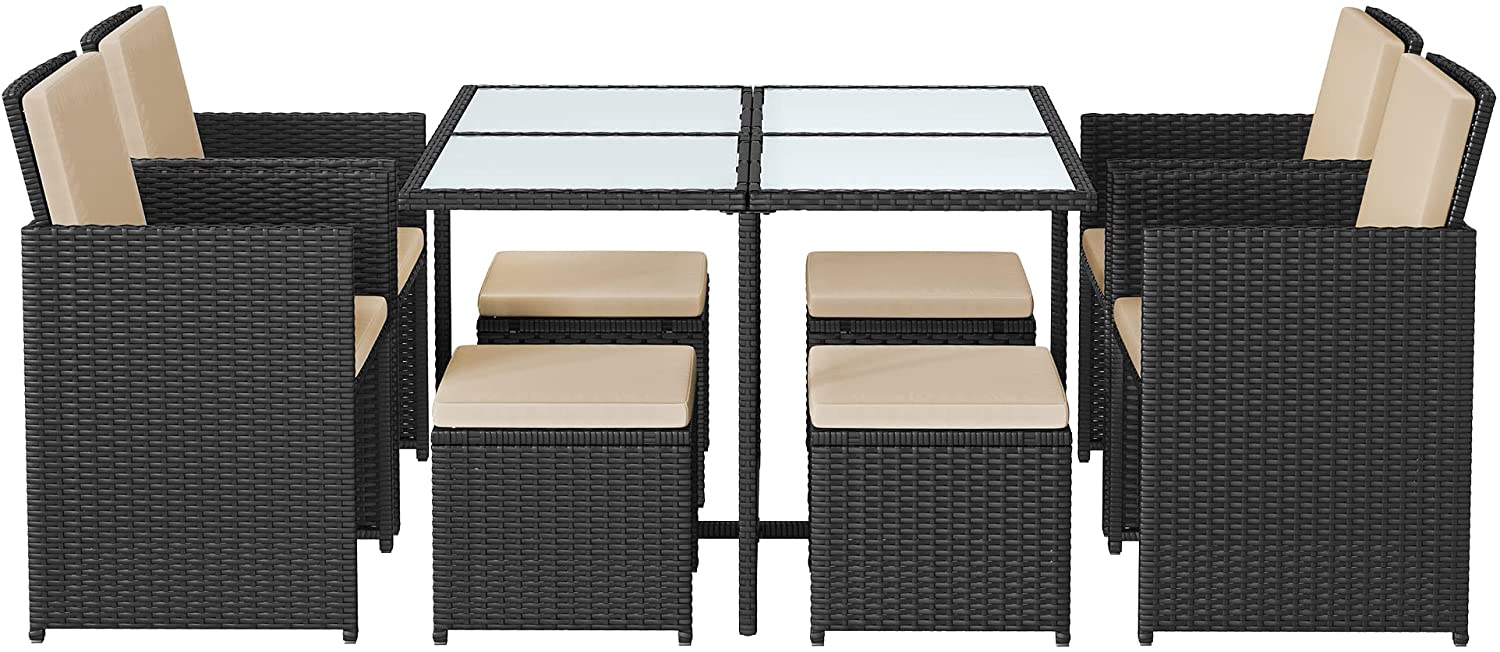 Gartenmöbel-Set Polyrattan Lounge, Esszimmermöbel, Esstisch und Stühle, 9er Set, PE-Rattan, Terrassenmöbel, Couchtisch mit Glasoberfläche, mit Kissen