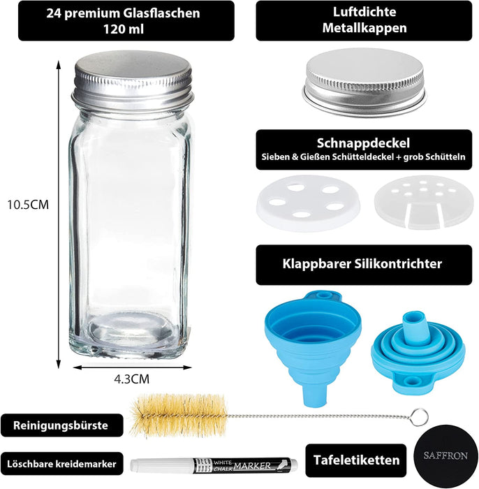  Gewürzgläser mit Schraubkappe - 24er Set 120ml - Verschiedene Streuer-Aufsätze, Trichter, Bürste Etiketten & Kreidestift - Gewürzdosen 