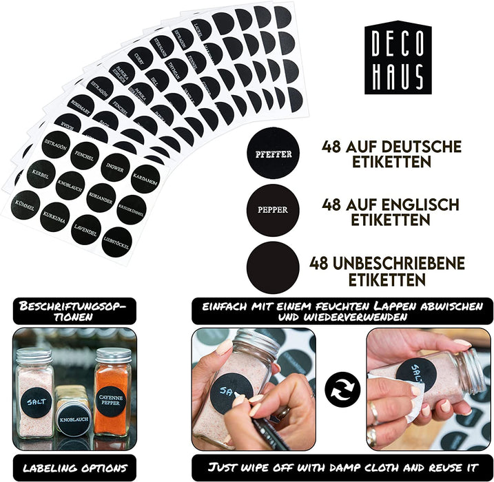  Gewürzgläser mit Schraubkappe - 24er Set 120ml - Verschiedene Streuer-Aufsätze, Trichter, Bürste Etiketten & Kreidestift - Gewürzdosen 