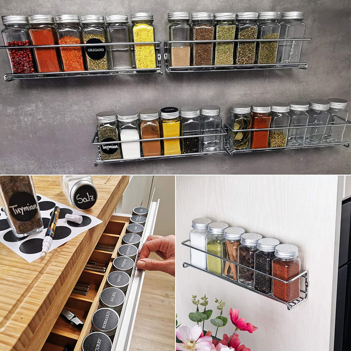  Gewürzgläser mit Schraubkappe - 24er Set 120ml - Verschiedene Streuer-Aufsätze, Trichter, Bürste Etiketten & Kreidestift - Gewürzdosen 