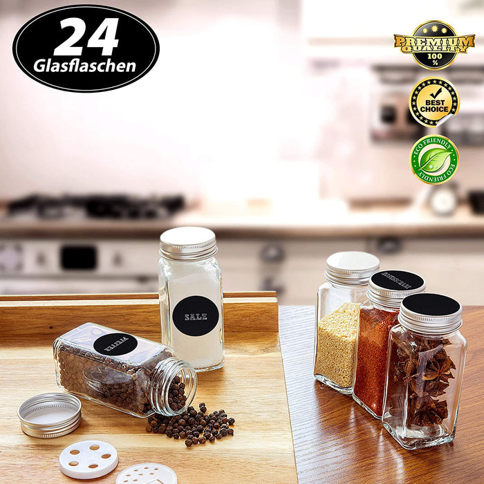  Gewürzgläser mit Schraubkappe - 24er Set 120ml - Verschiedene Streuer-Aufsätze, Trichter, Bürste Etiketten & Kreidestift - Gewürzdosen 