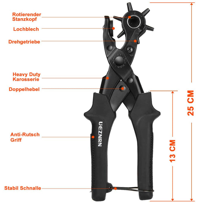 Gürtellochzange Heavy Duty Revolverlochzange Hebelübersetzung Lochzange Gürtel - Leder Locher mit 2 Extra Punch Platten, Lineal, Schleifstab 